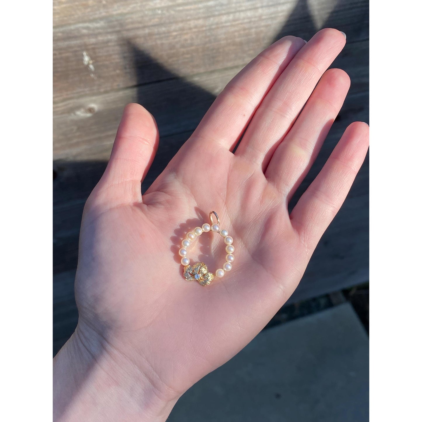 Vintage Solid 14k Yellow Gold Diamond Pearl Halo Flower Charm