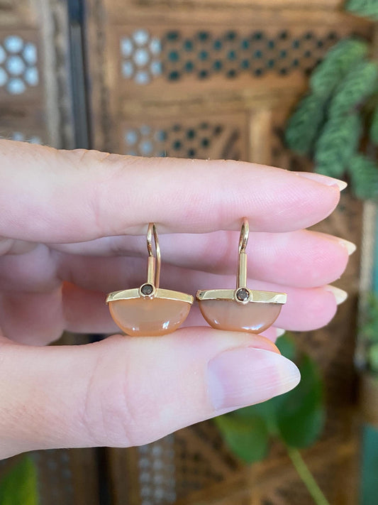 Vintage Solid 14k Yellow Gold Colored Diamond Peach Moonstone Drop Earrings
