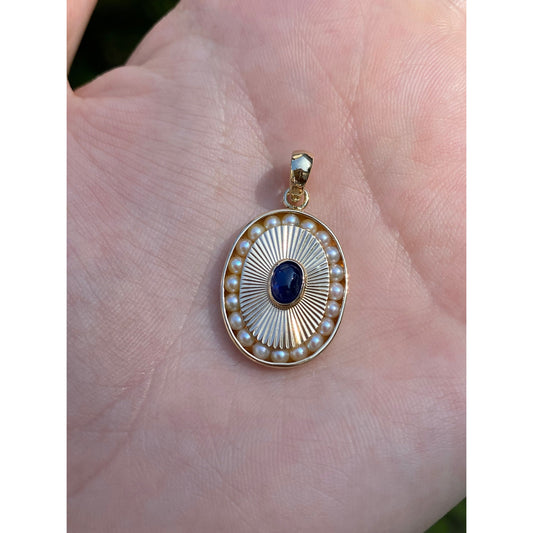 Vintage Solid 14k Yellow Gold Engine Turned Topaz Seed Pearl Halo Charm