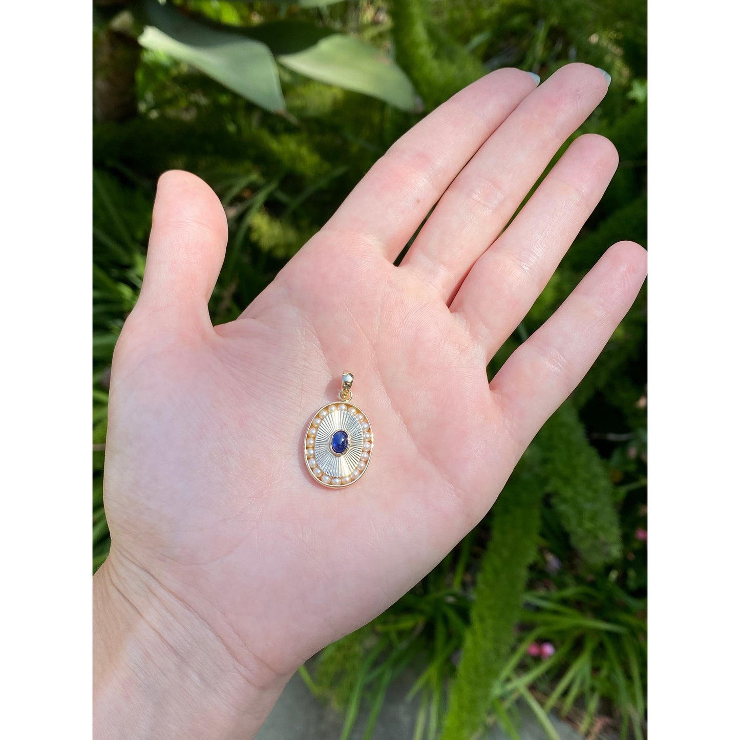 Vintage Solid 14k Yellow Gold Engine Turned Topaz Seed Pearl Halo Charm