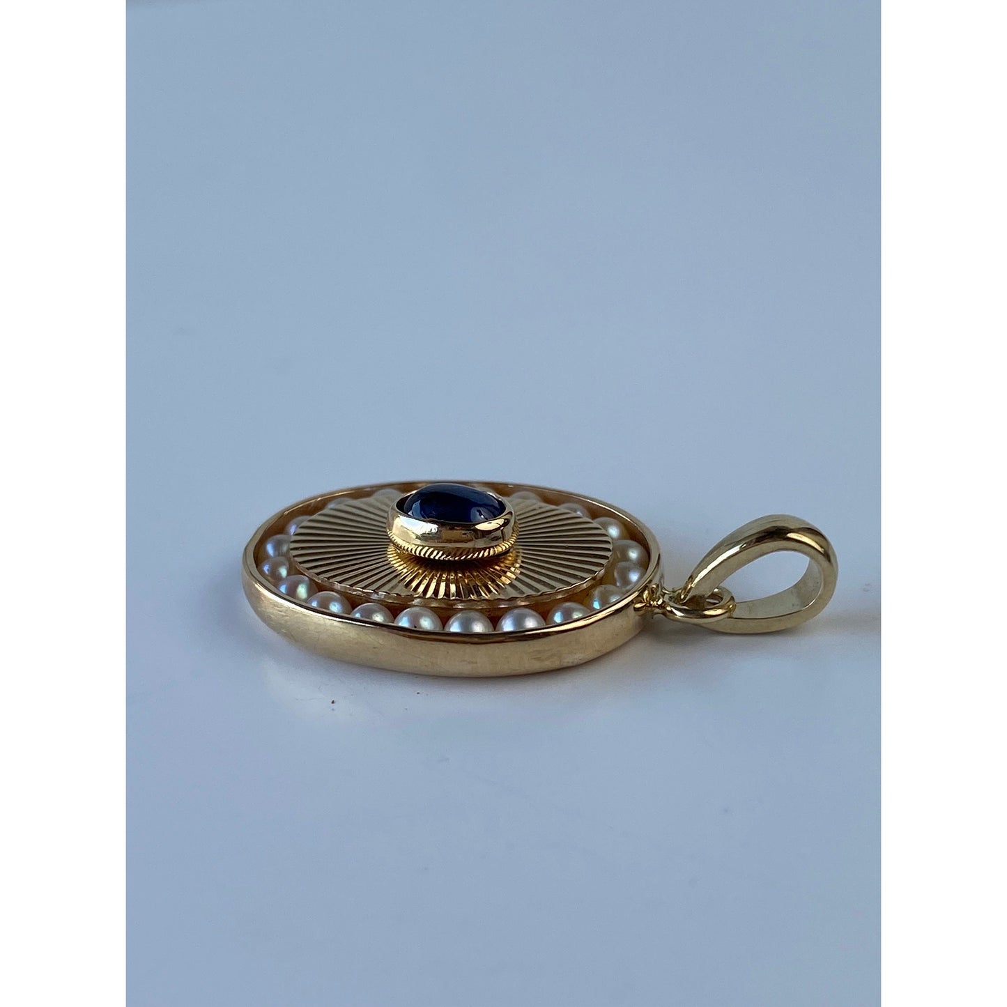 Vintage Solid 14k Yellow Gold Engine Turned Topaz Seed Pearl Halo Charm