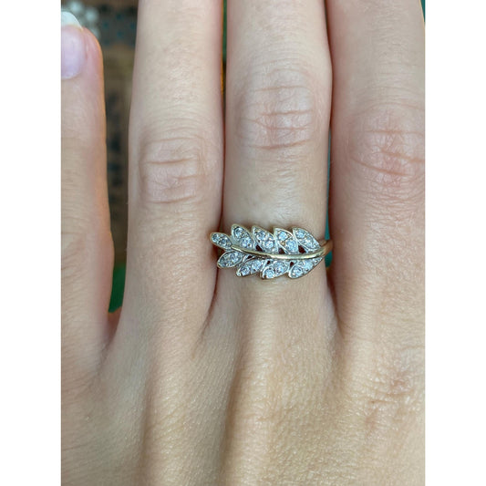 Vintage Solid 14k White & Yellow Gold Cubic Zirconia Wheat Ring - Size 6.75