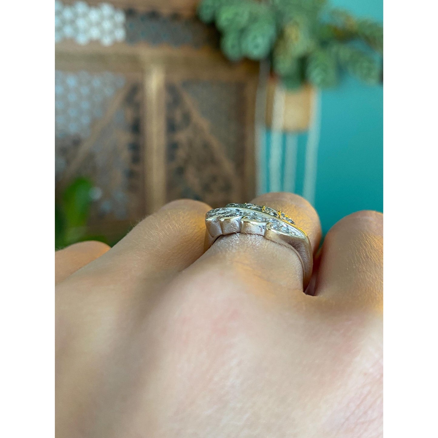 Vintage Solid 14k White & Yellow Gold Cubic Zirconia Wheat Ring - Size 6.75