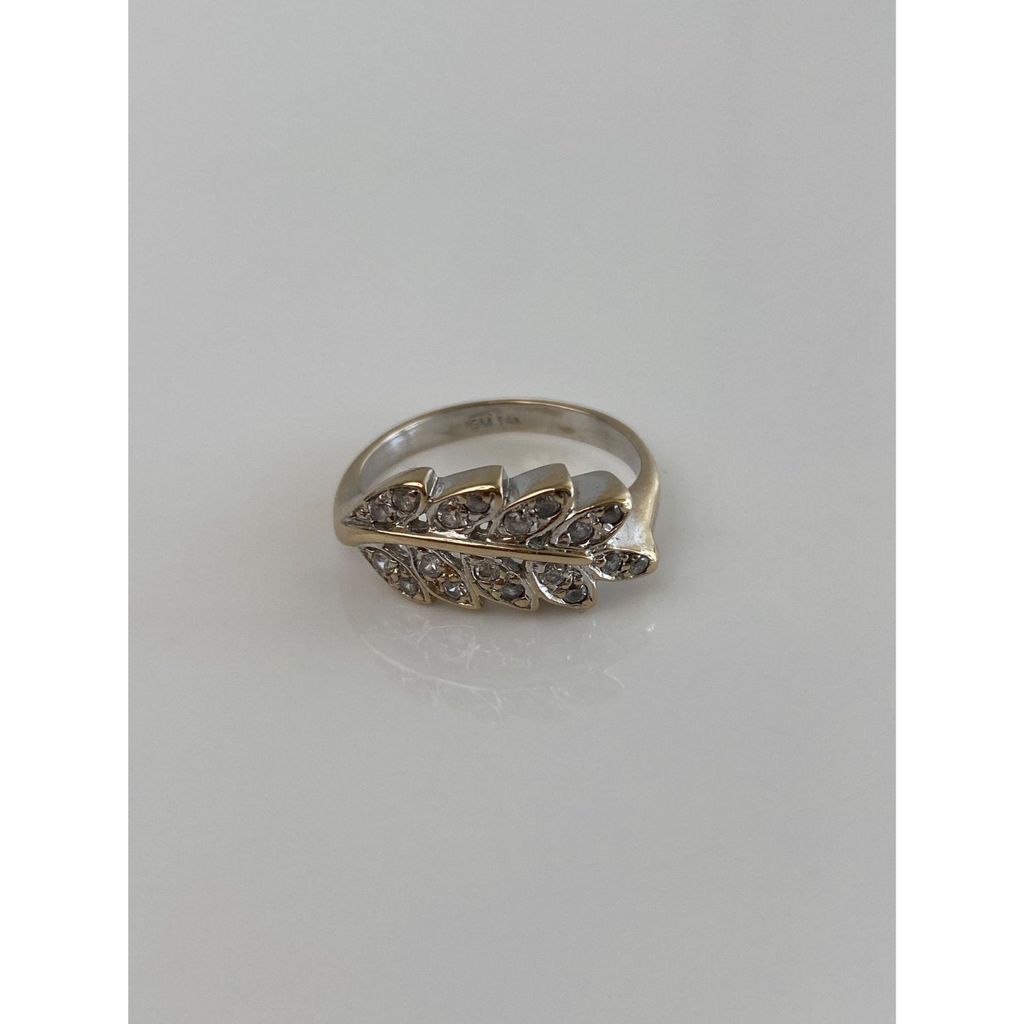 Vintage Solid 14k White & Yellow Gold Cubic Zirconia Wheat Ring - Size 6.75