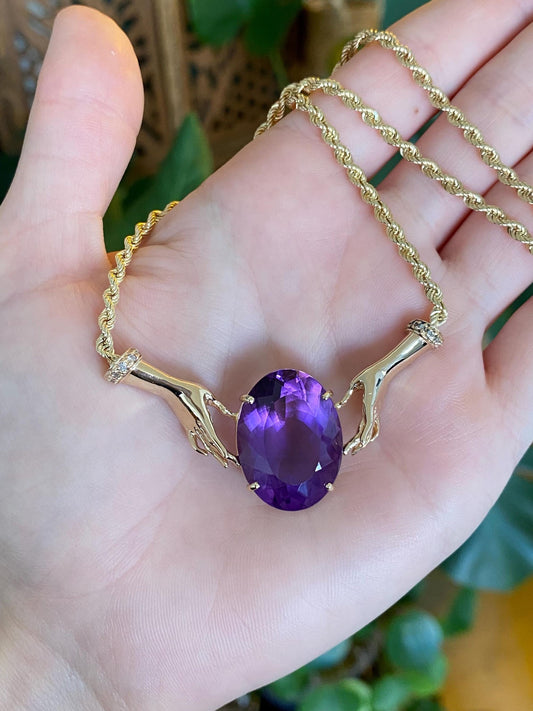 Vintage Solid 14k Yellow Gold Diamonds Amethyst Hands Rope Chain Necklace - 16.5 inches