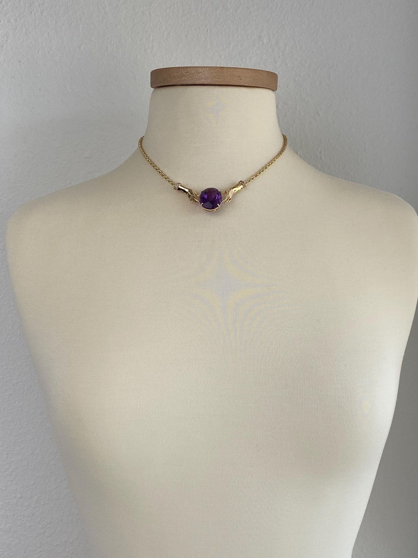 Vintage Solid 14k Yellow Gold Diamonds Amethyst Hands Rope Chain Necklace - 16.5 inches