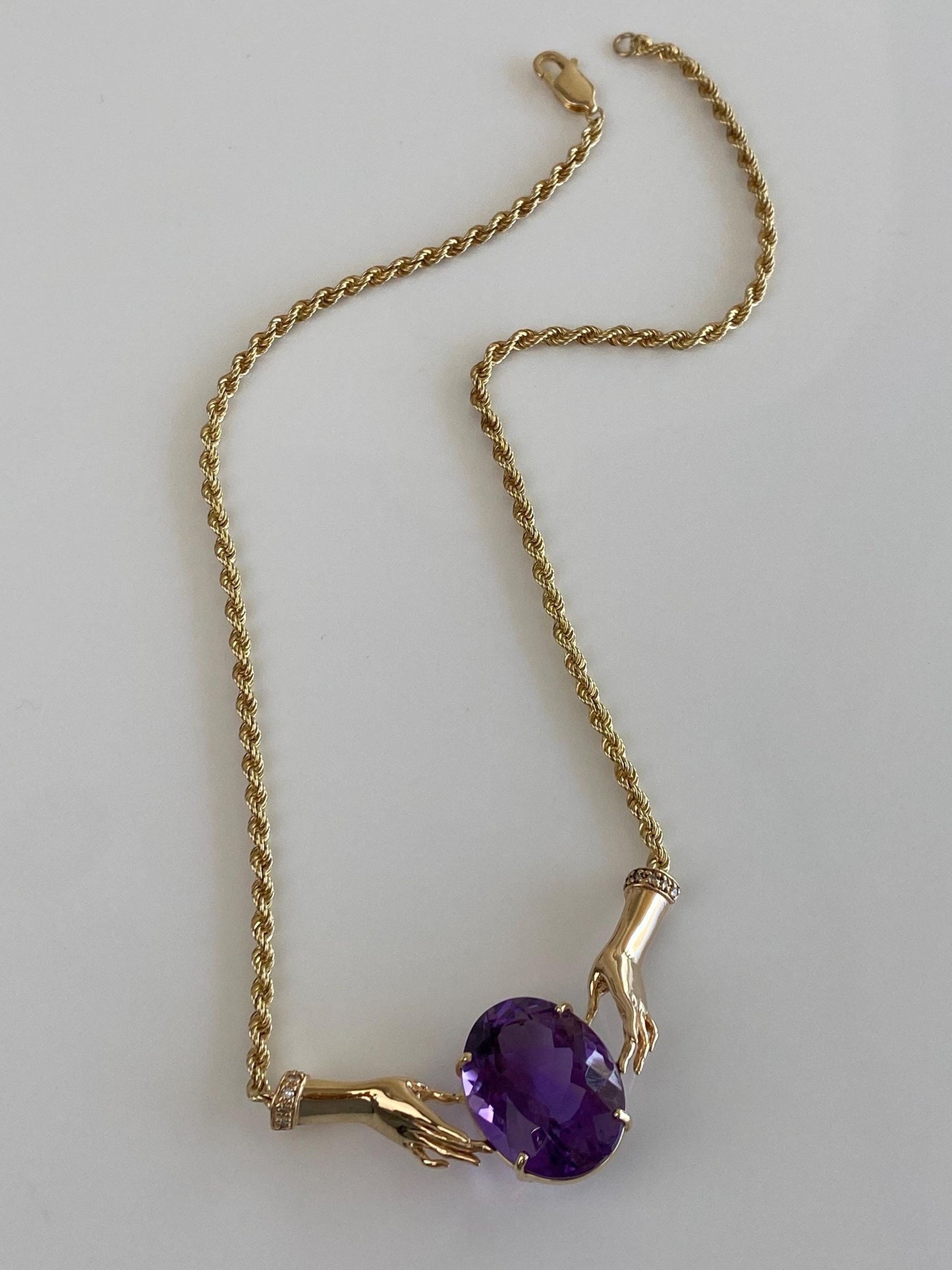 Vintage Solid 14k Yellow Gold Diamonds Amethyst Hands Rope Chain Necklace - 16.5 inches