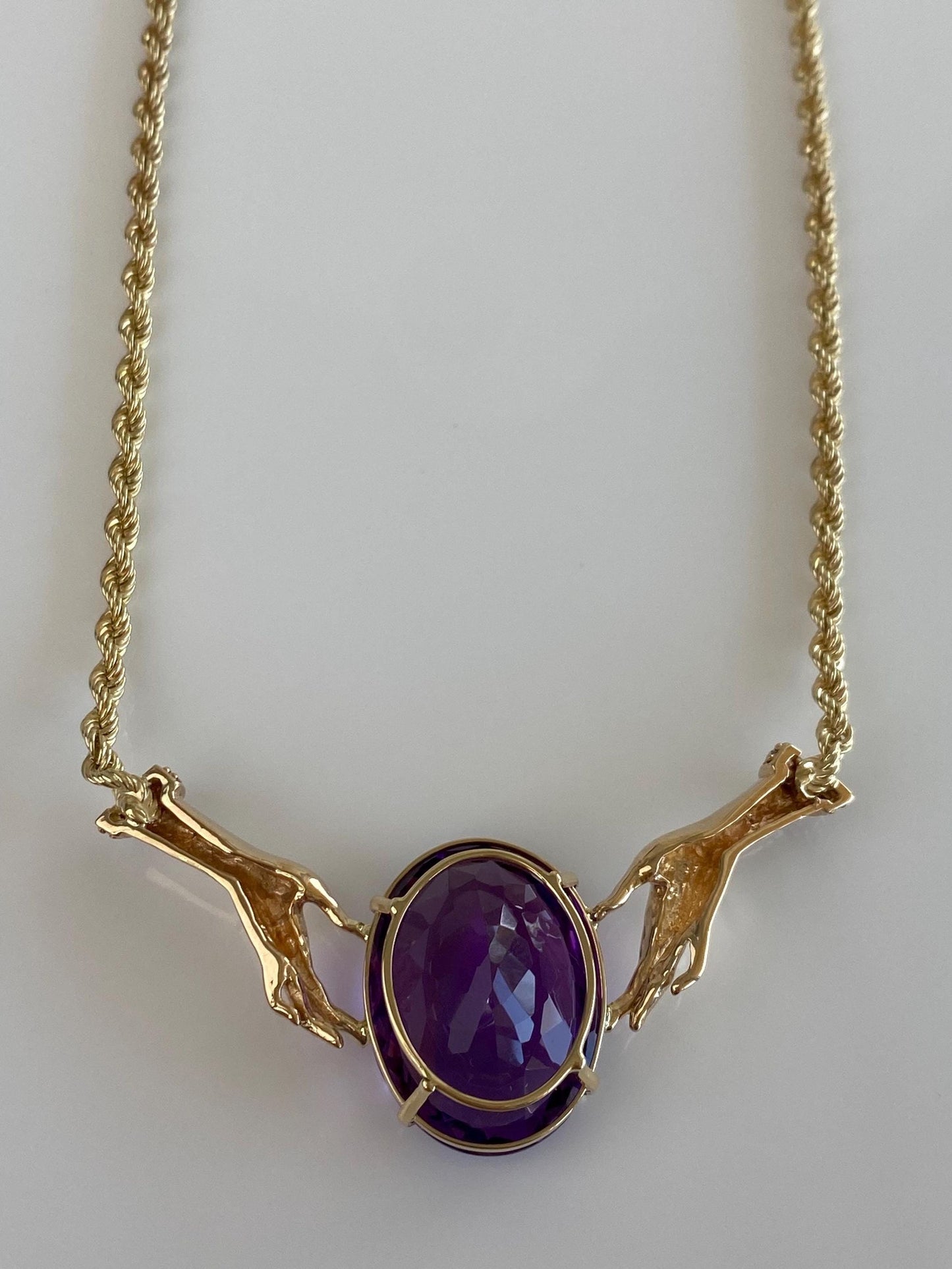 Vintage Solid 14k Yellow Gold Diamonds Amethyst Hands Rope Chain Necklace - 16.5 inches