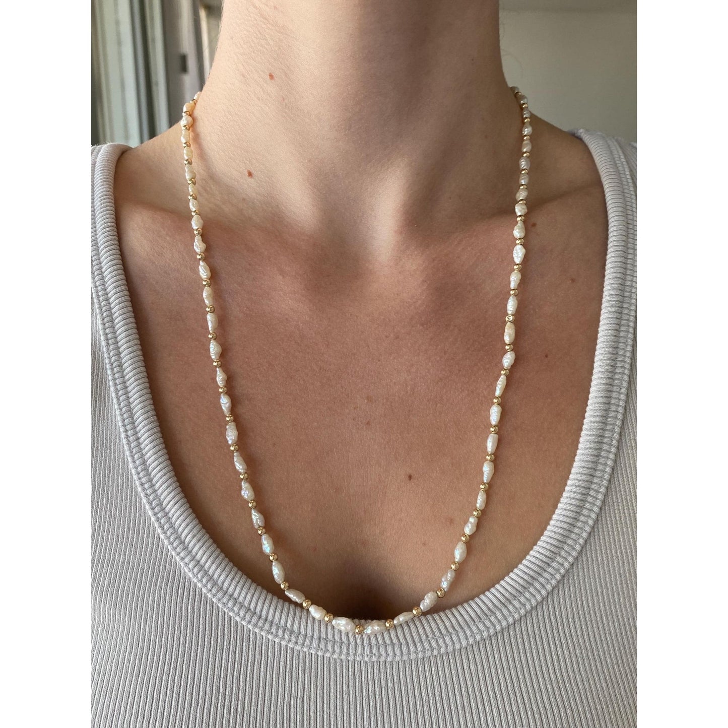 Vintage 14k Yellow Gold Pearl & Gold Ball Strand Necklace - 24 inches