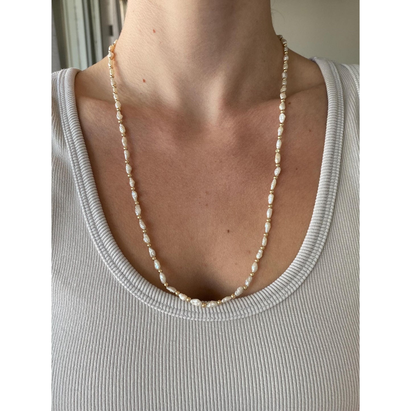 Vintage 14k Yellow Gold Pearl & Gold Ball Strand Necklace - 24 inches