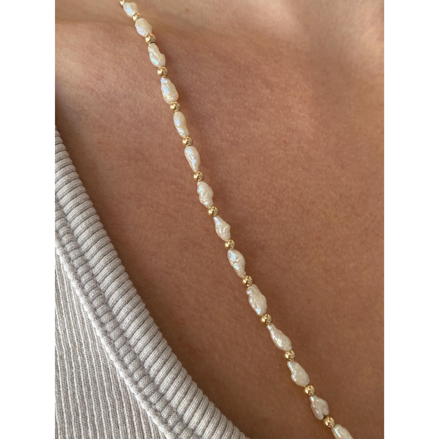 Vintage 14k Yellow Gold Pearl & Gold Ball Strand Necklace - 24 inches