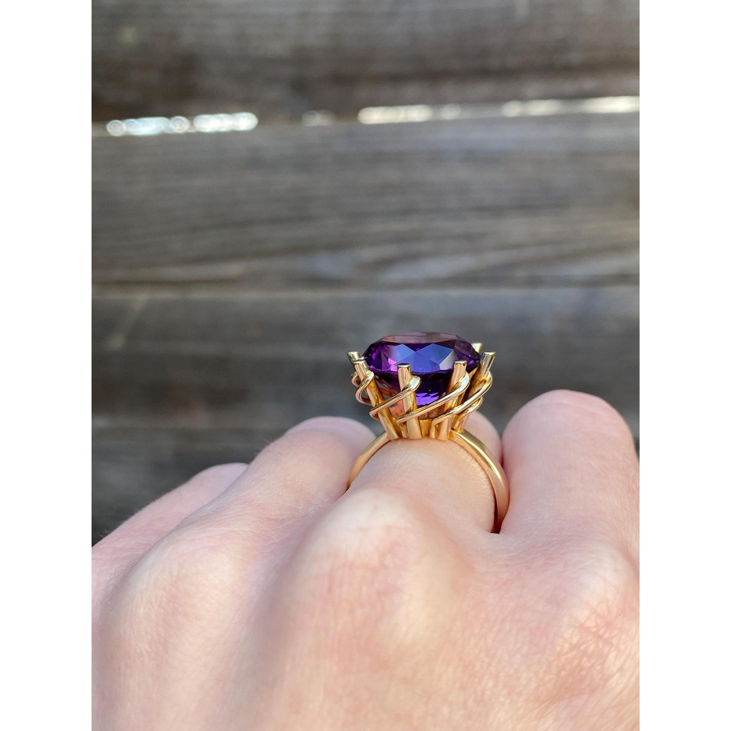 Vintage Solid 14k Yellow Gold Large Amethyst Cocktail Ring - Size 8-8.25