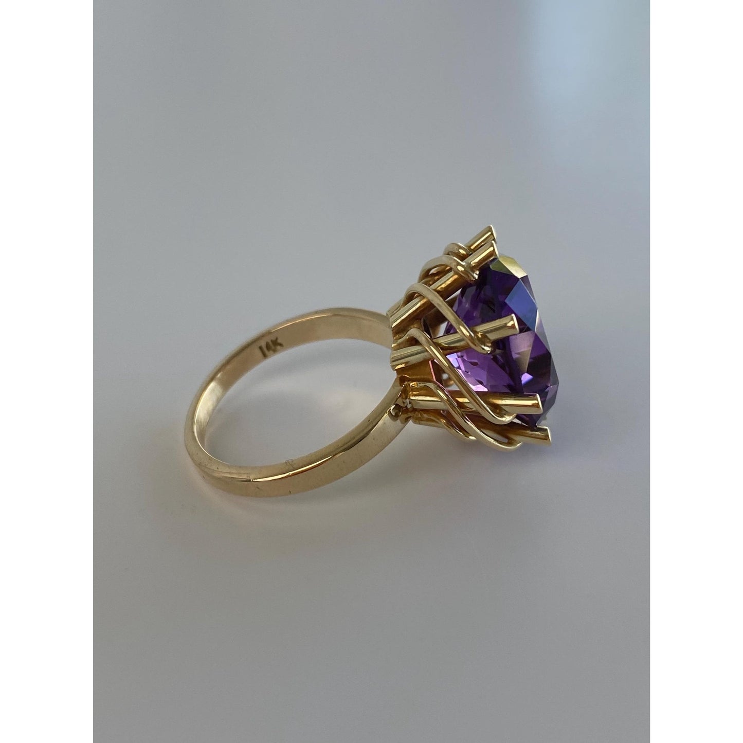 Vintage Solid 14k Yellow Gold Large Amethyst Cocktail Ring - Size 8-8.25