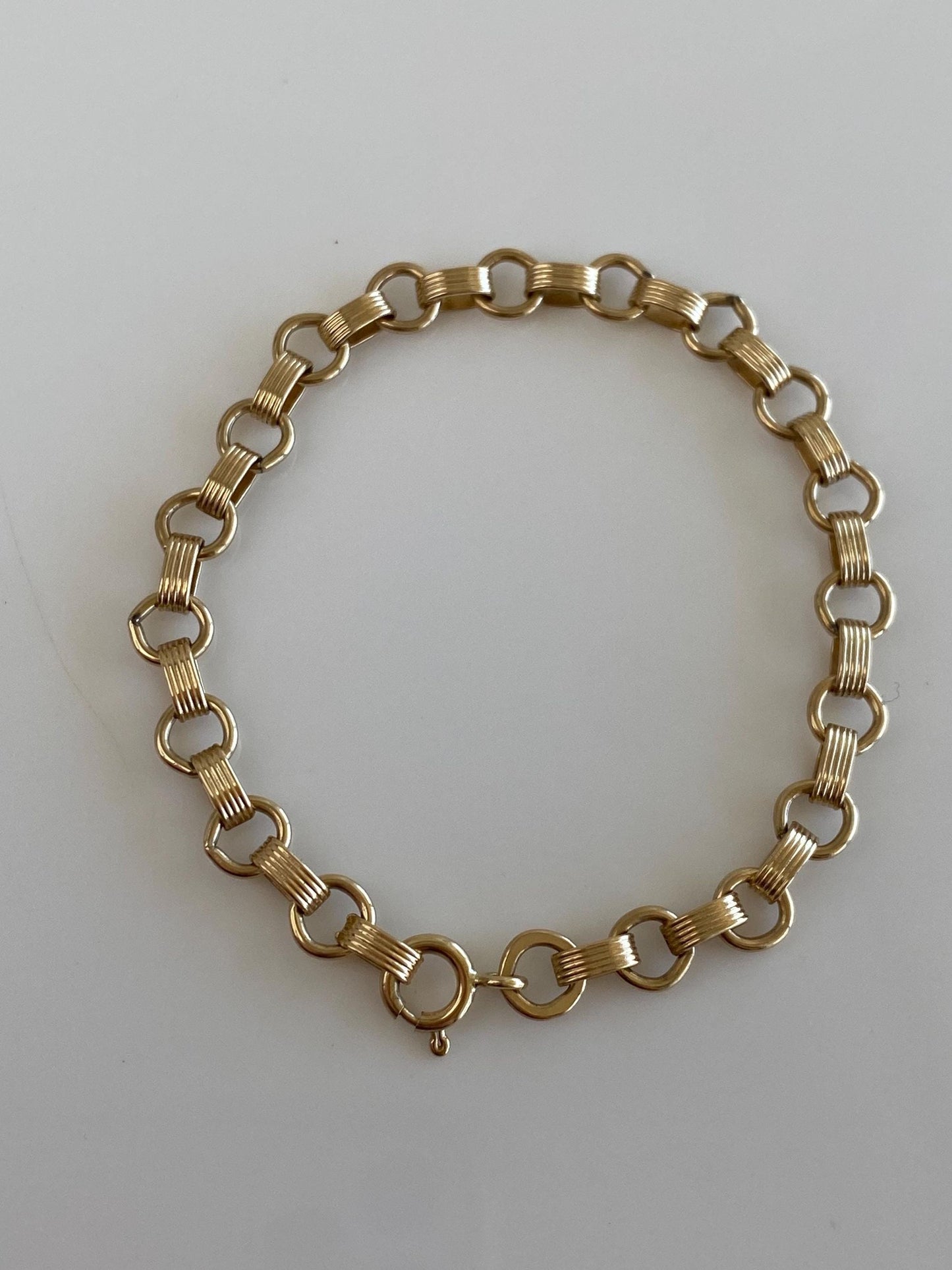 Vintage Solid 14k Yellow Gold Circle Lined Link Bracelet - 7 inches
