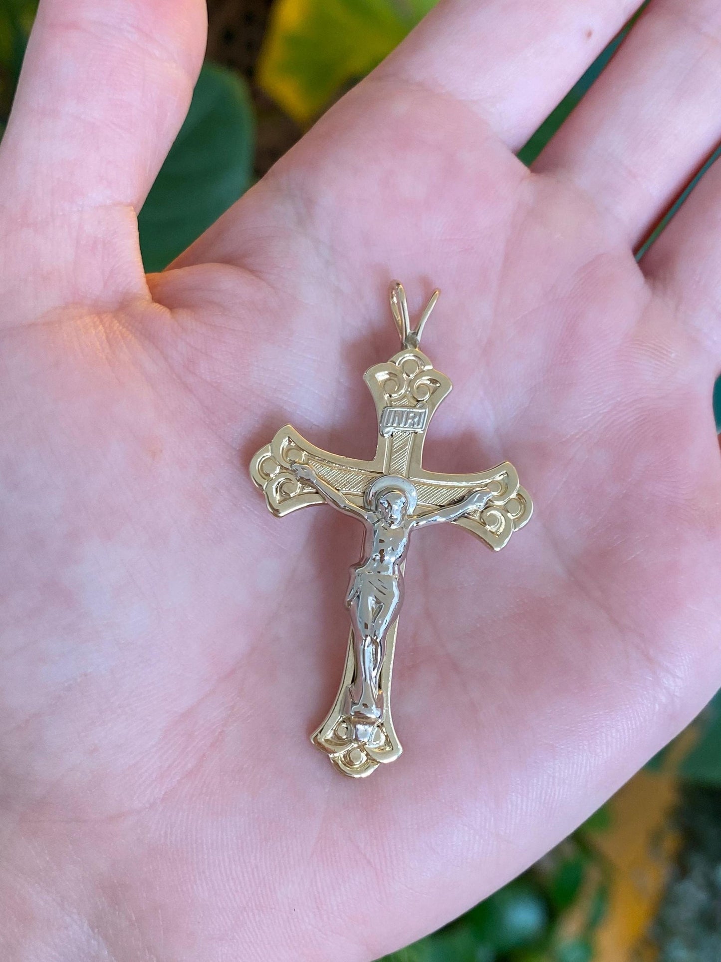 Vintage Solid 14k White & Yellow Gold Large Crucifix Cross Charm
