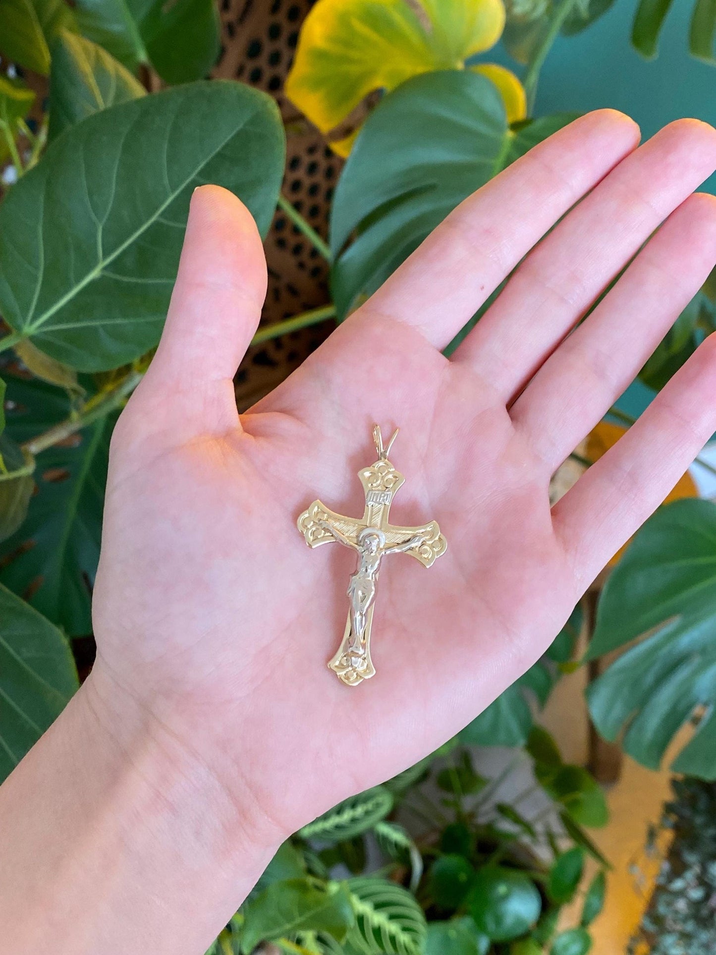 Vintage Solid 14k White & Yellow Gold Large Crucifix Cross Charm