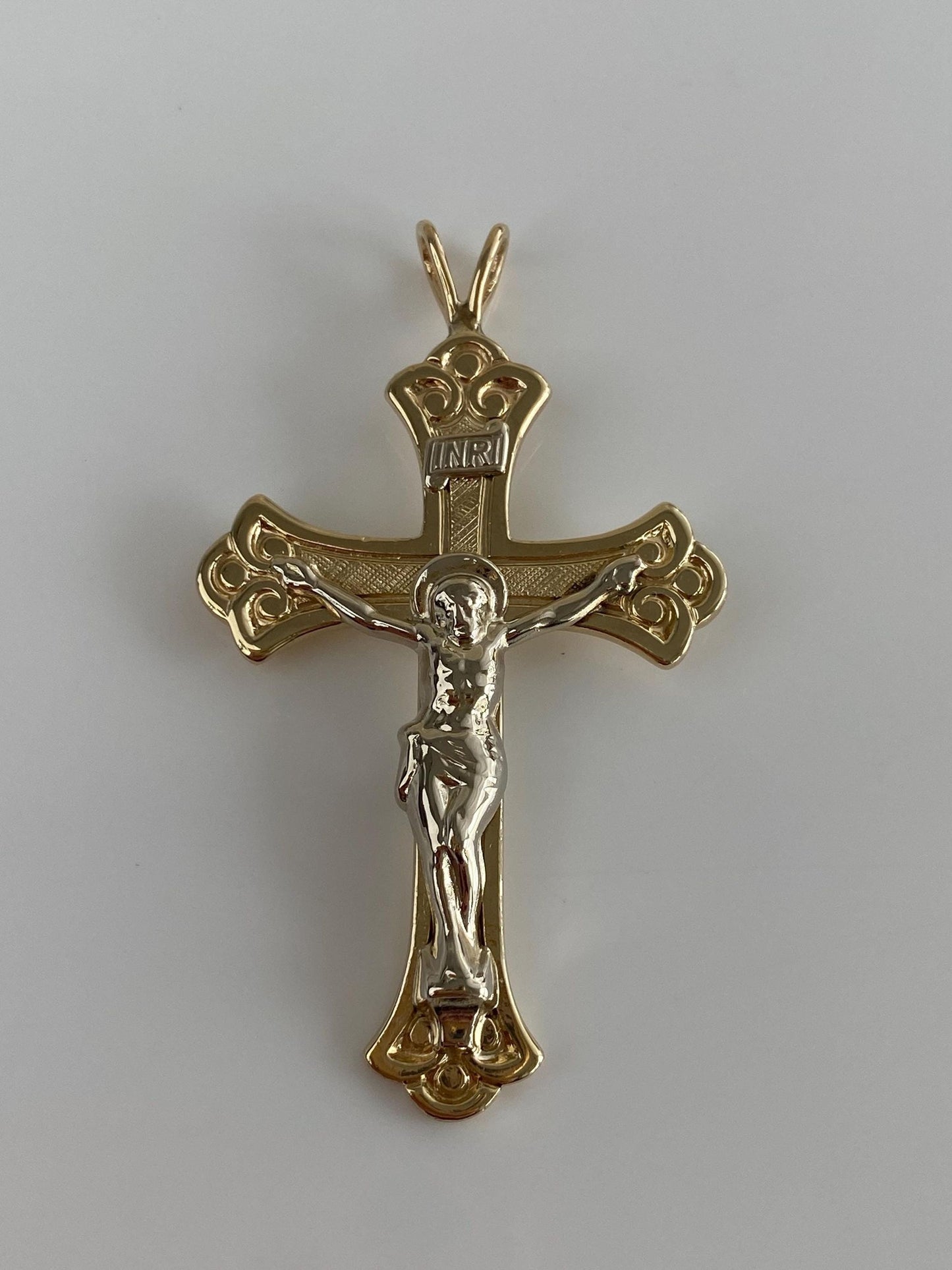 Vintage Solid 14k White & Yellow Gold Large Crucifix Cross Charm