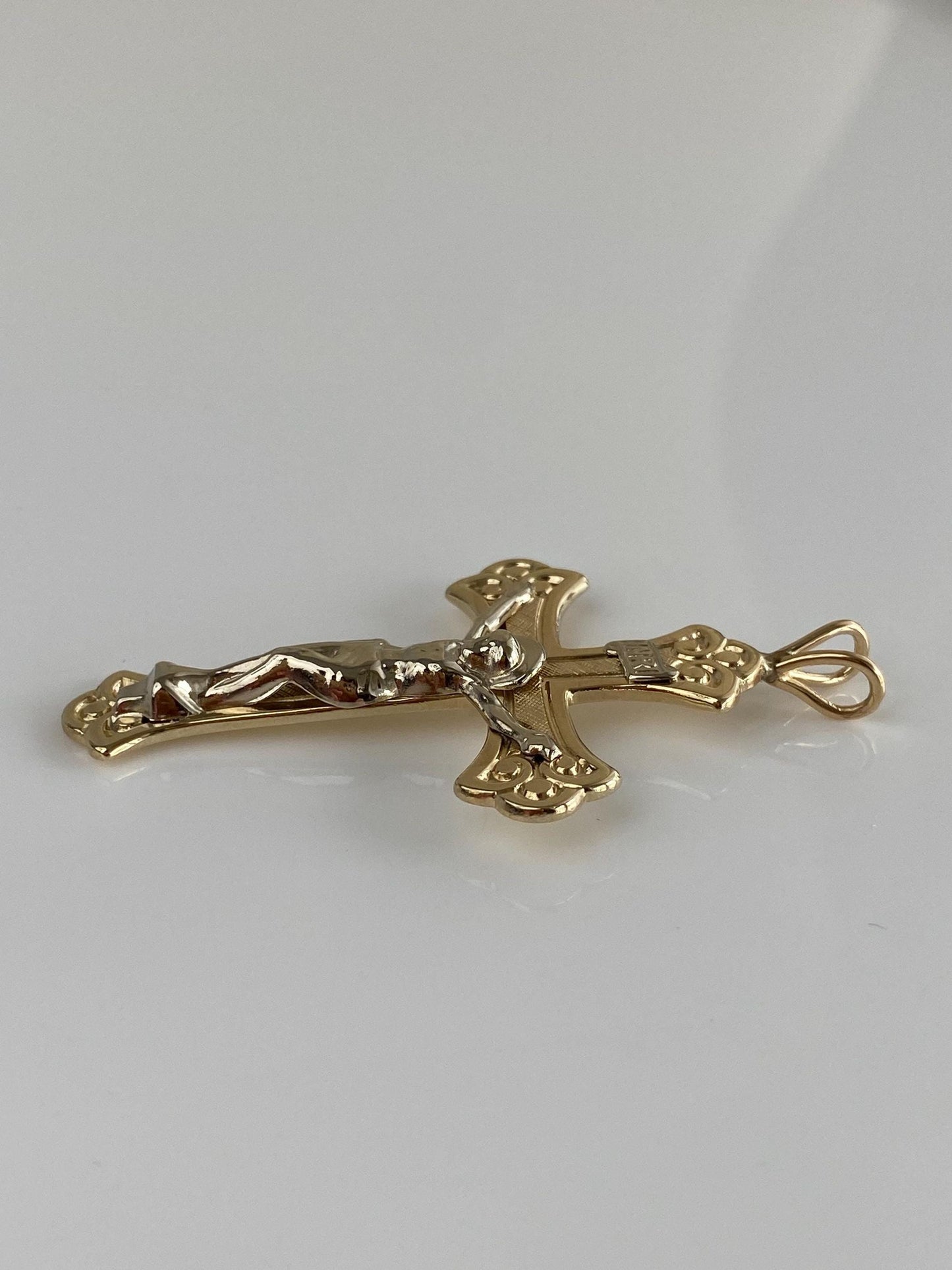 Vintage Solid 14k White & Yellow Gold Large Crucifix Cross Charm