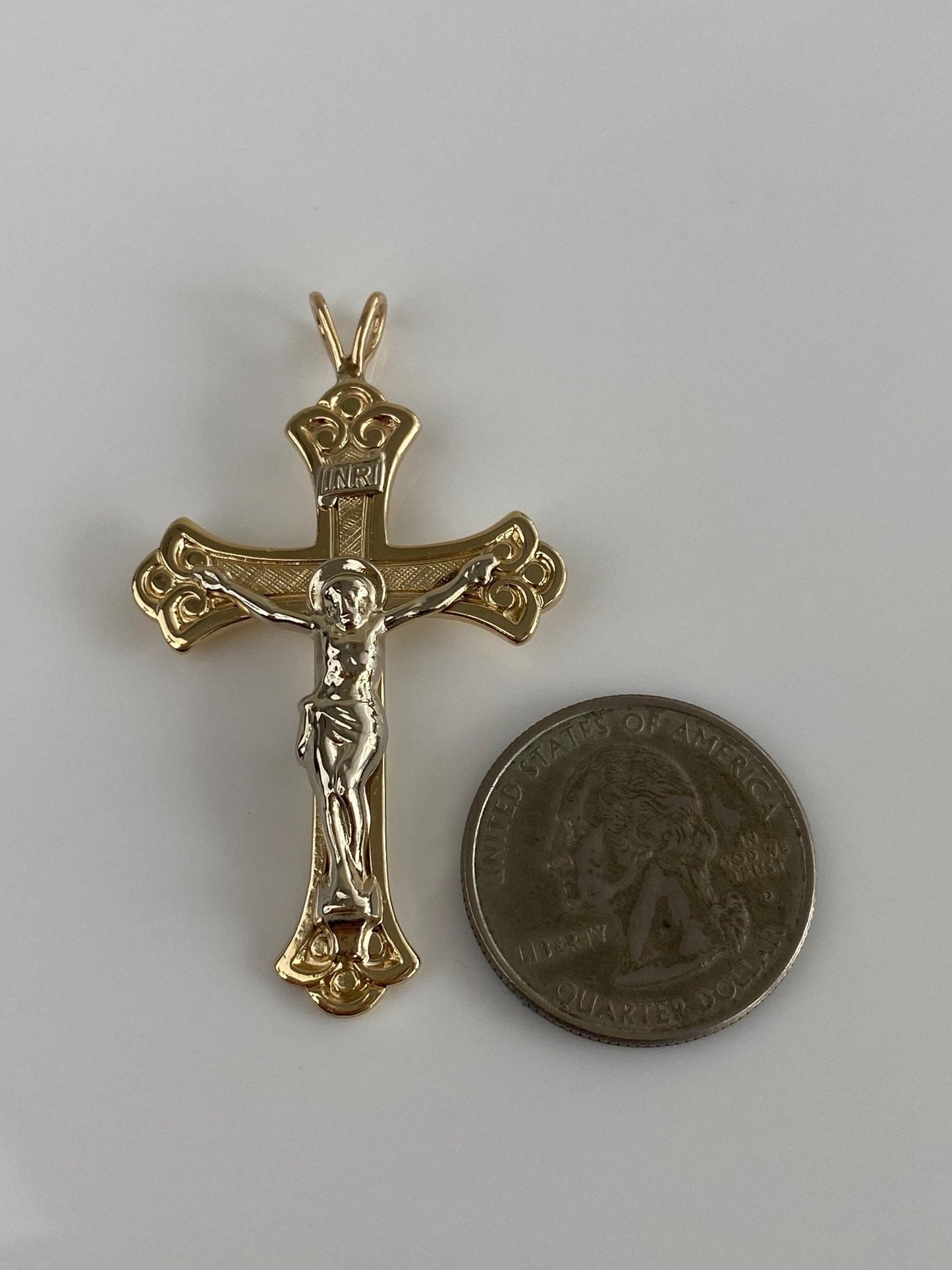 Vintage Solid 14k White & Yellow Gold Large Crucifix Cross Charm