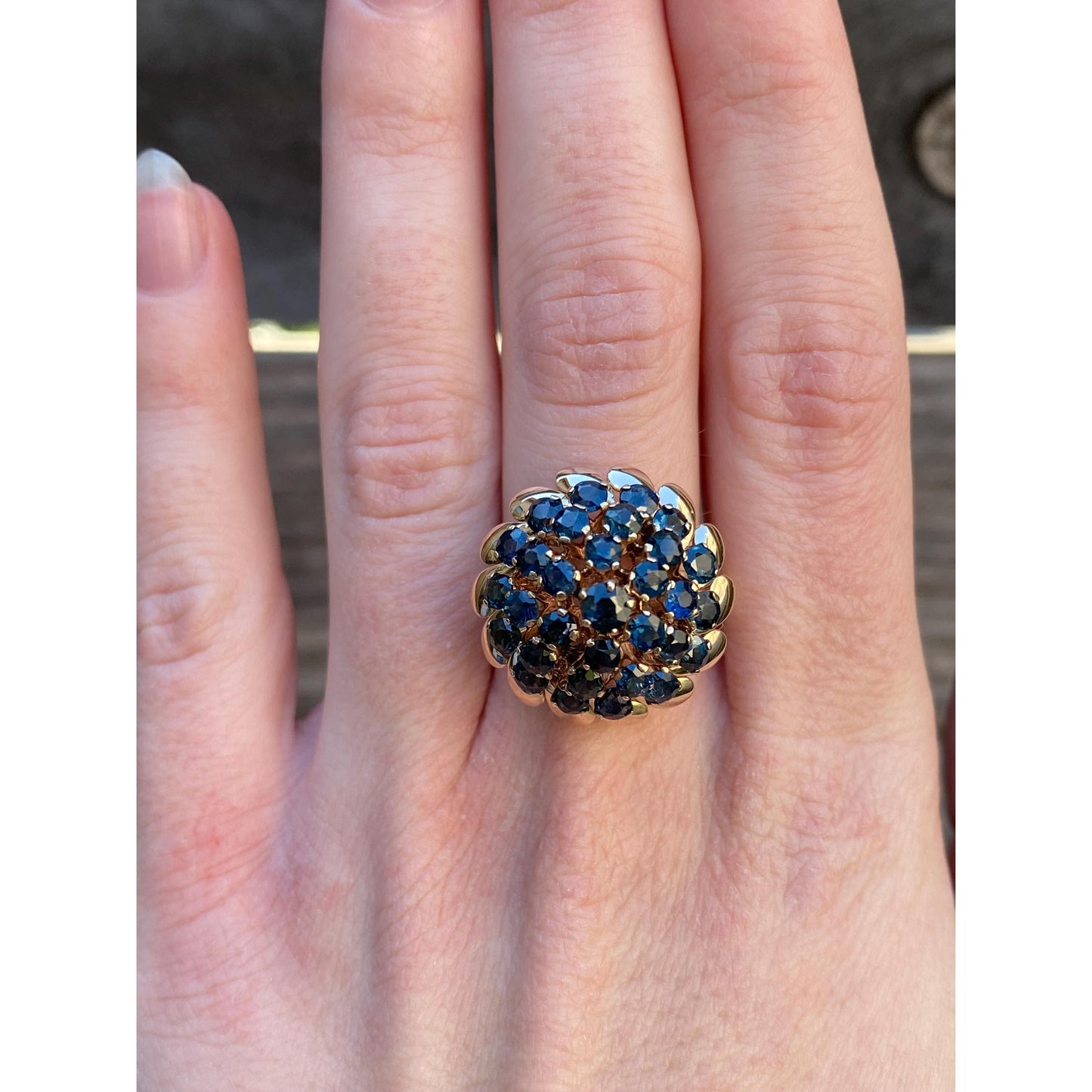 Vintage Solid 10k Yellow Gold Blue Sapphire Cocktail Ring - Size 7