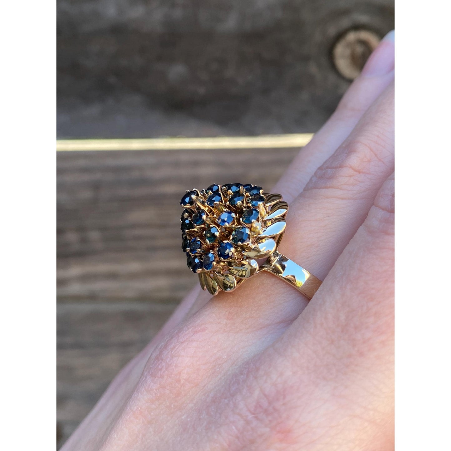 Vintage Solid 10k Yellow Gold Blue Sapphire Cocktail Ring - Size 7