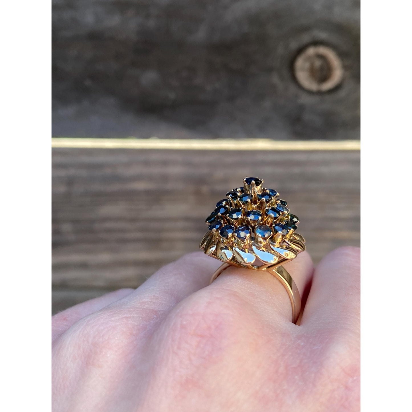 Vintage Solid 10k Yellow Gold Blue Sapphire Cocktail Ring - Size 7