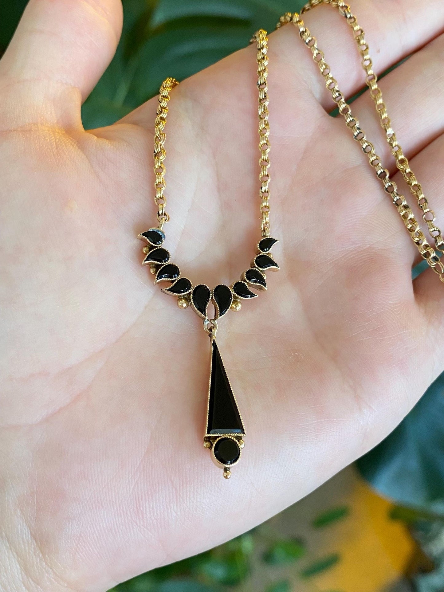 Vintage Solid 14k & 10k Yellow Gold Black Resin Textured Rolo Chain Necklace - 14.5 inches