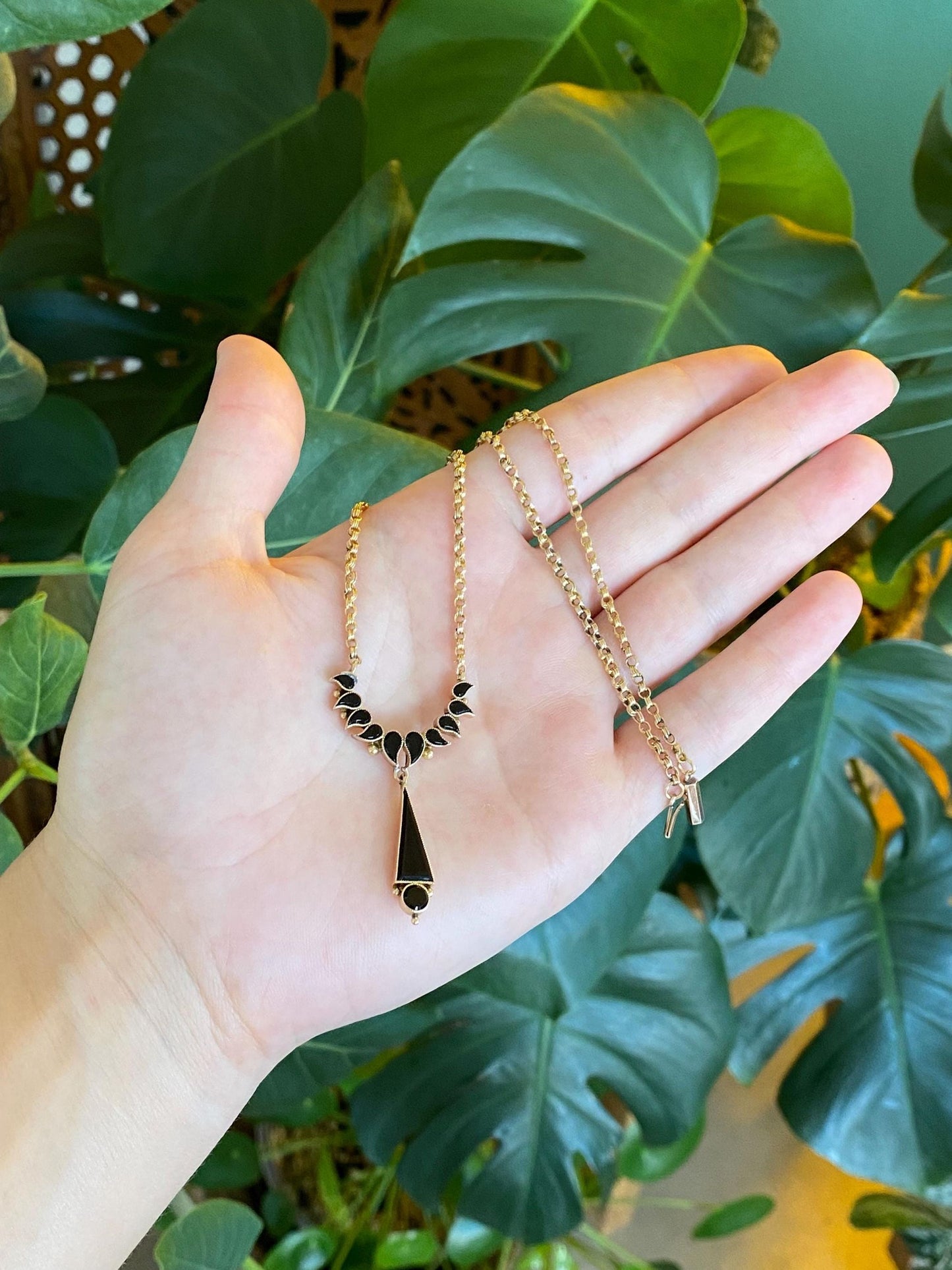 Vintage Solid 14k & 10k Yellow Gold Black Resin Textured Rolo Chain Necklace - 14.5 inches