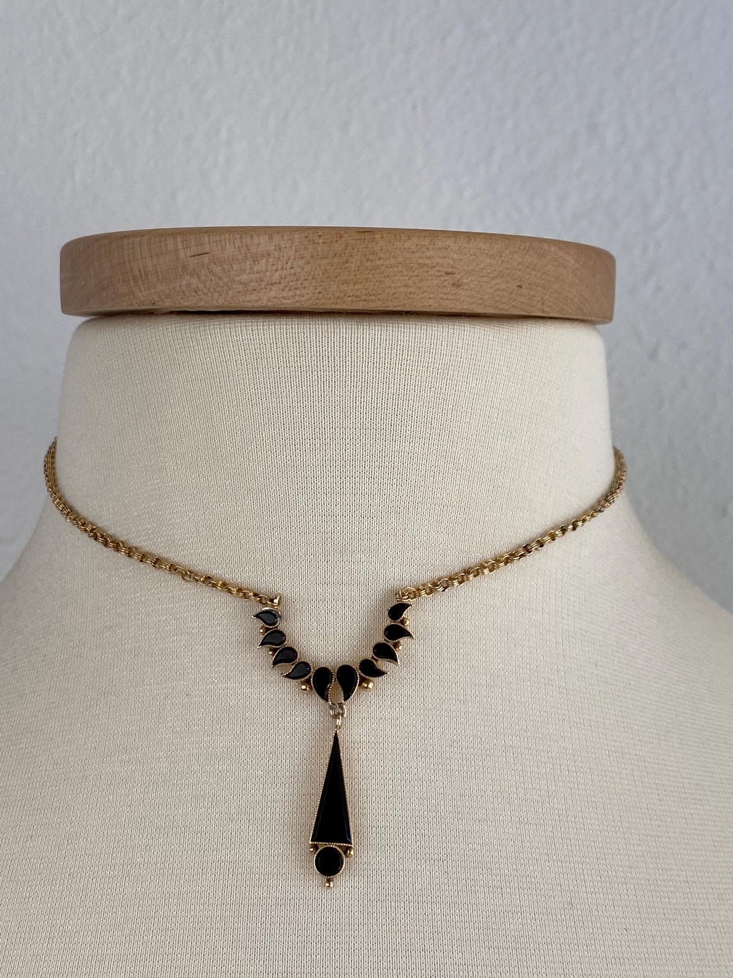Vintage Solid 14k & 10k Yellow Gold Black Resin Textured Rolo Chain Necklace - 14.5 inches