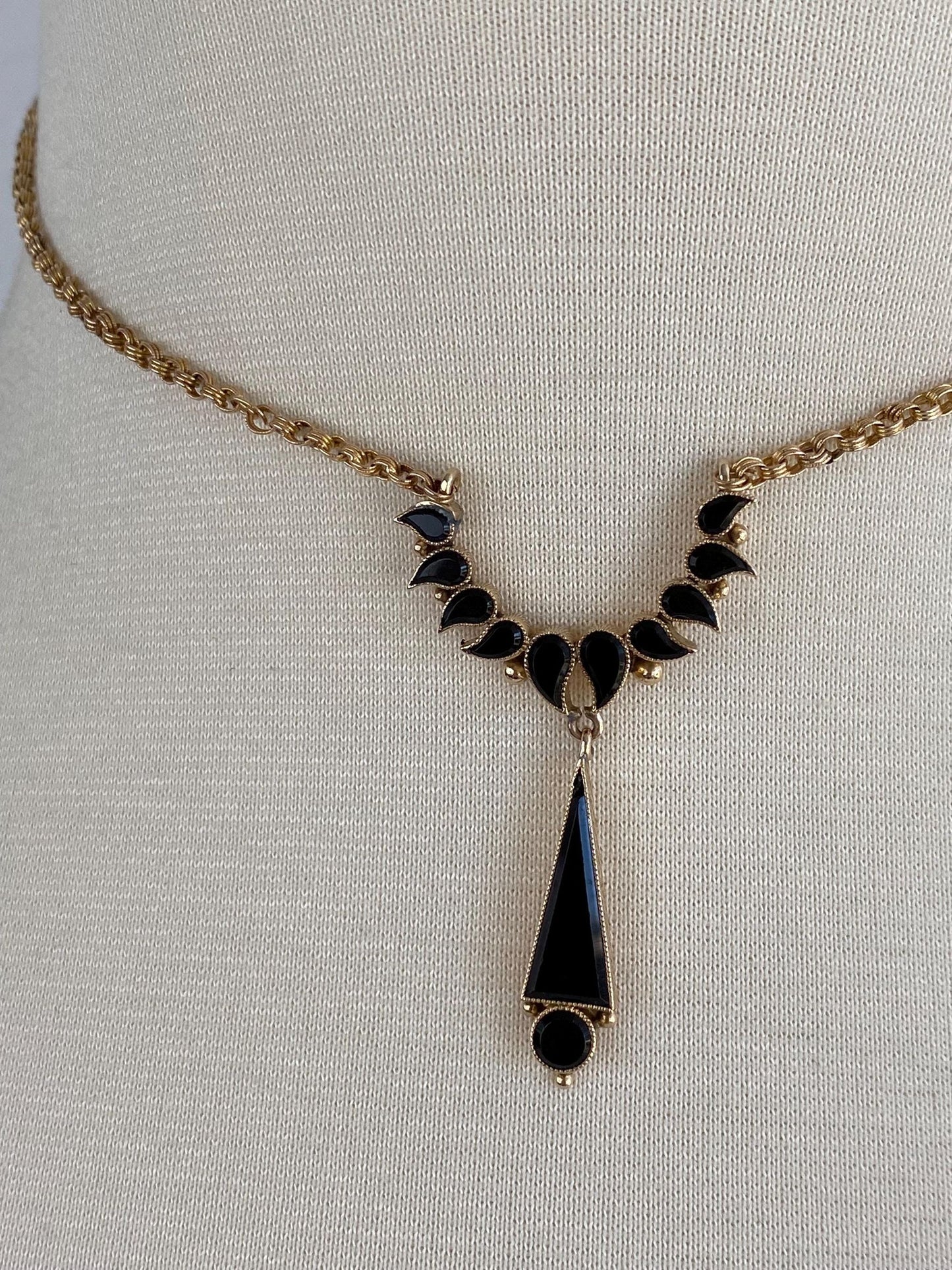 Vintage Solid 14k & 10k Yellow Gold Black Resin Textured Rolo Chain Necklace - 14.5 inches