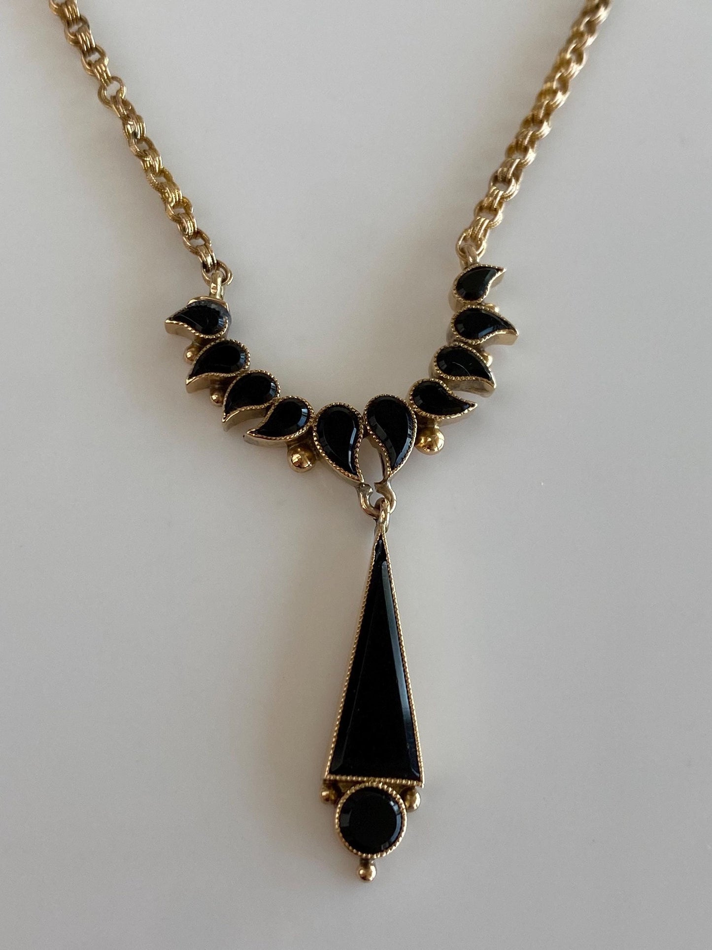 Vintage Solid 14k & 10k Yellow Gold Black Resin Textured Rolo Chain Necklace - 14.5 inches