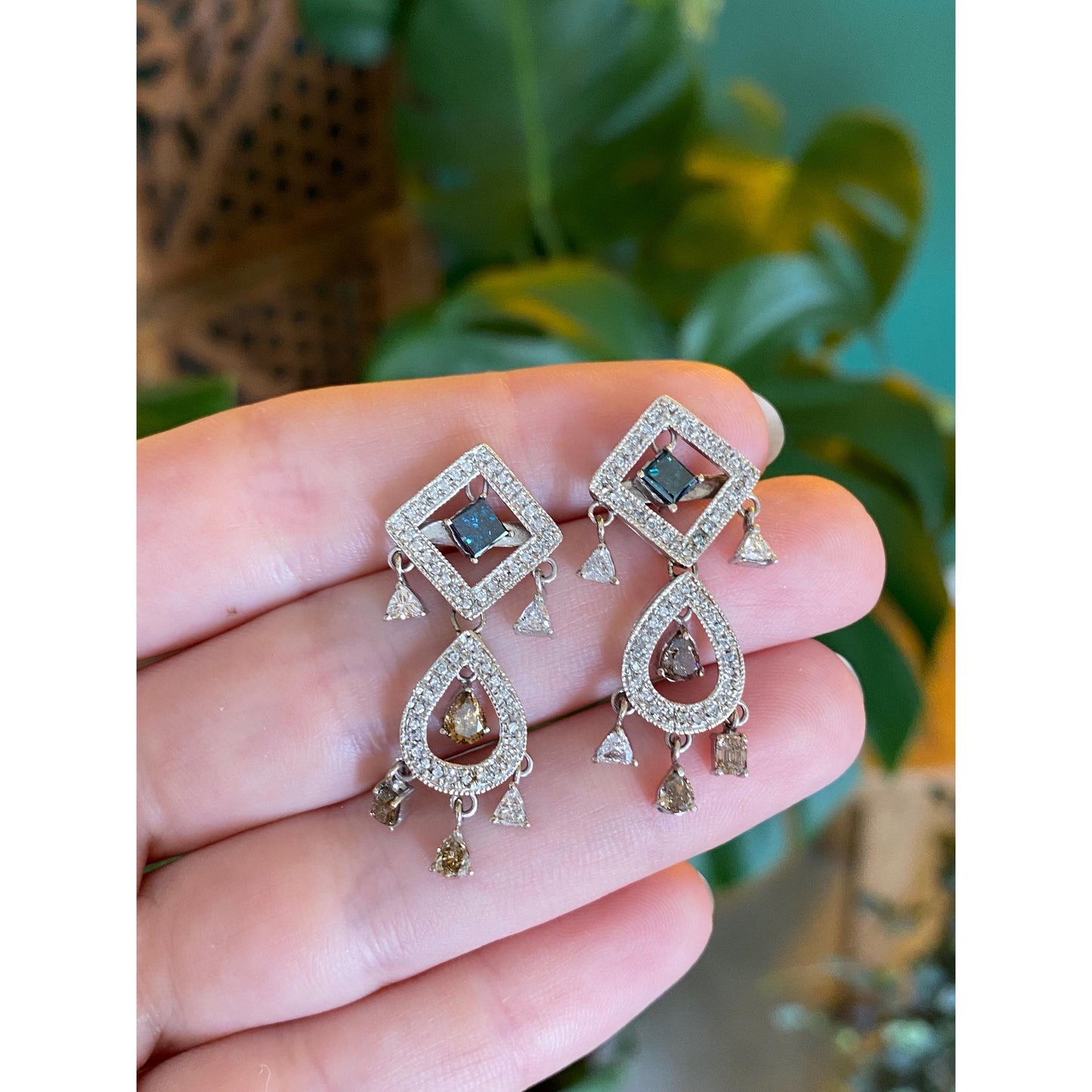 Vintage Solid 14k White Gold Blue Brown & Clear Diamond Drop Dangle Earrings