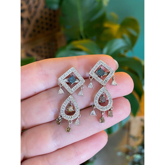 Vintage Solid 14k White Gold Blue Brown & Clear Diamond Drop Dangle Earrings