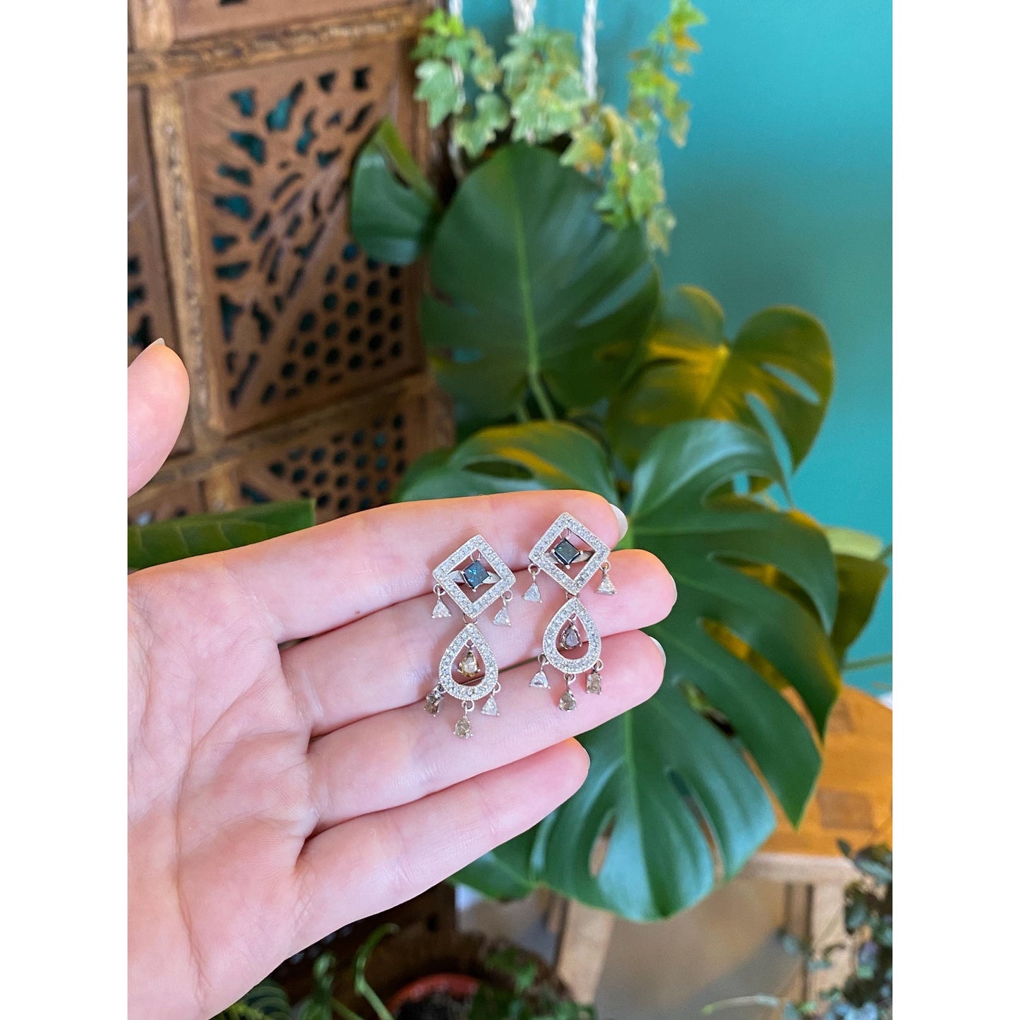 Vintage Solid 14k White Gold Blue Brown & Clear Diamond Drop Dangle Earrings