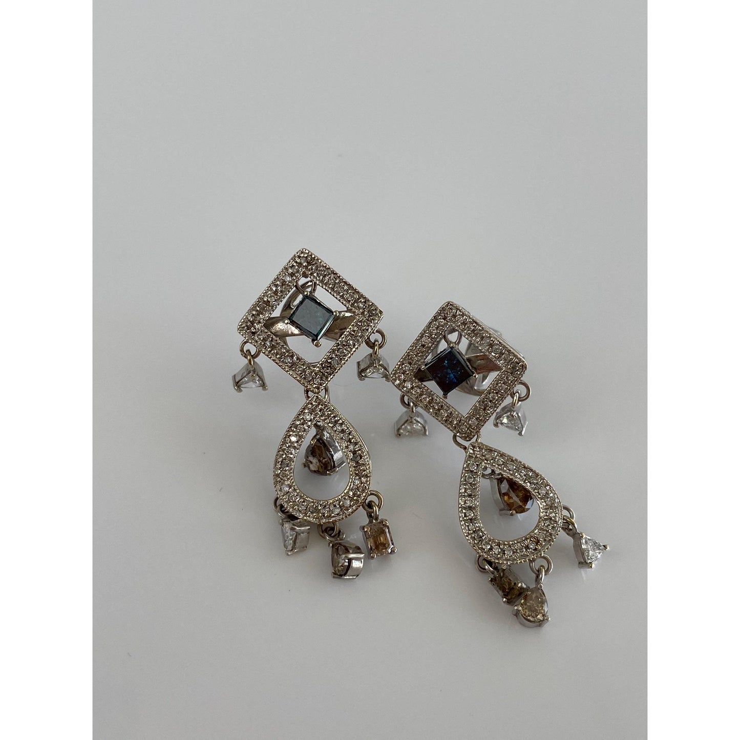 Vintage Solid 14k White Gold Blue Brown & Clear Diamond Drop Dangle Earrings