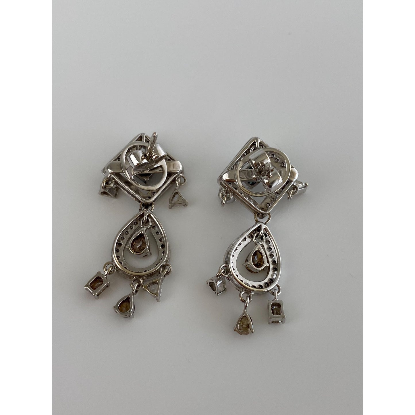 Vintage Solid 14k White Gold Blue Brown & Clear Diamond Drop Dangle Earrings