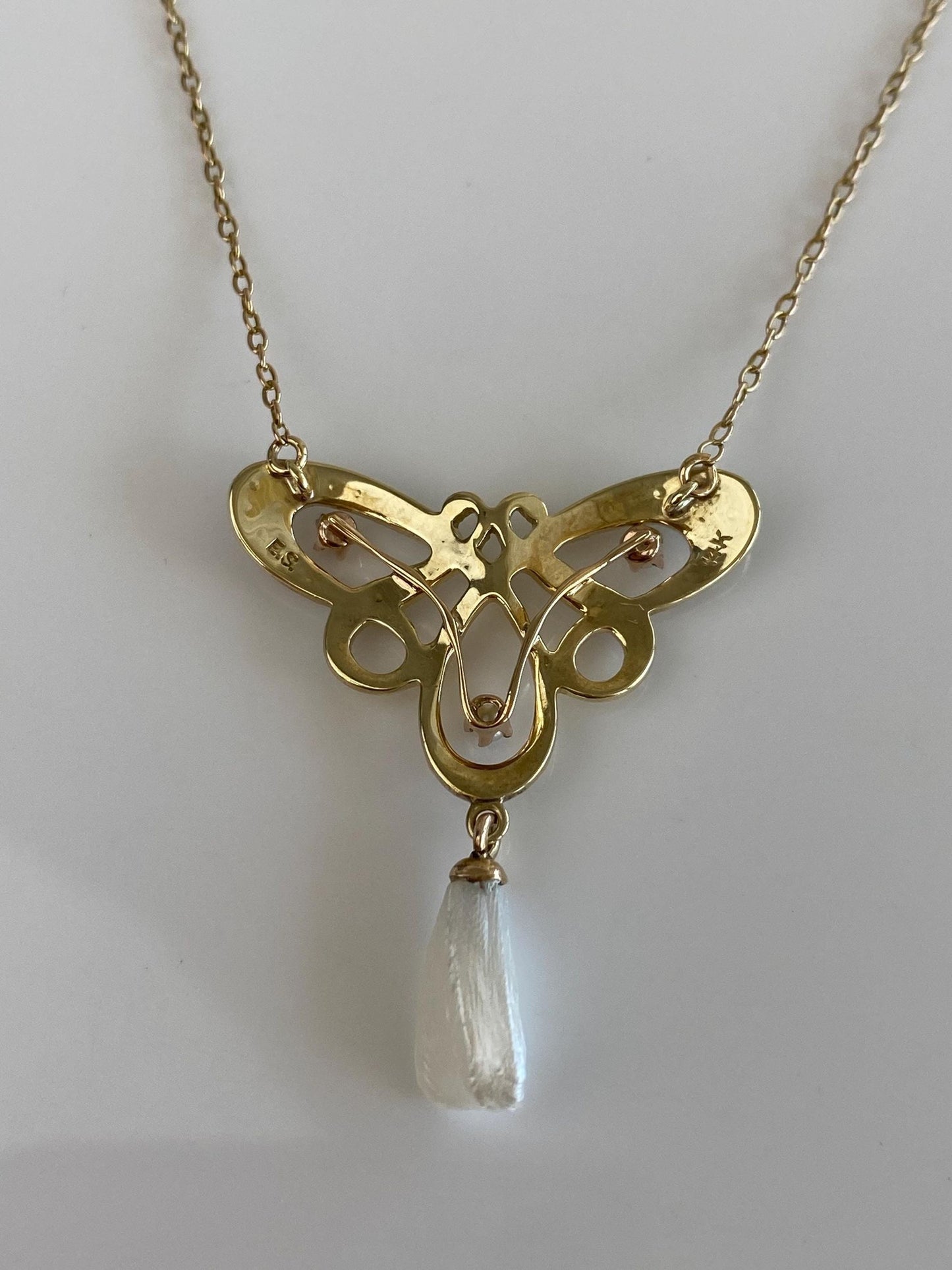 Vintage Solid 14k Yellow Gold Seed Pearls Freeform Pearl Butterfly Cable Chain Necklace - 15.75 inches