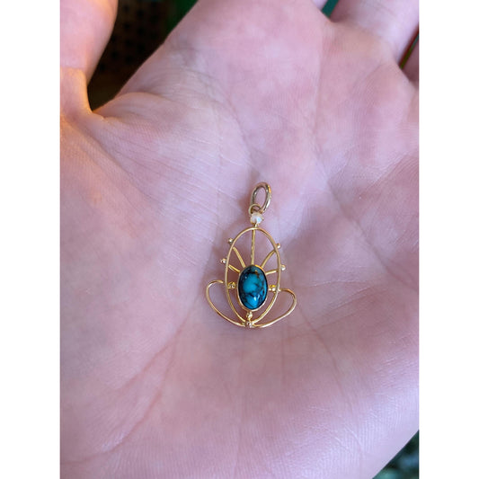 Vintage Solid 10k Yellow Gold Turquoise Seed Pearl Stick Pin Conversion Charm