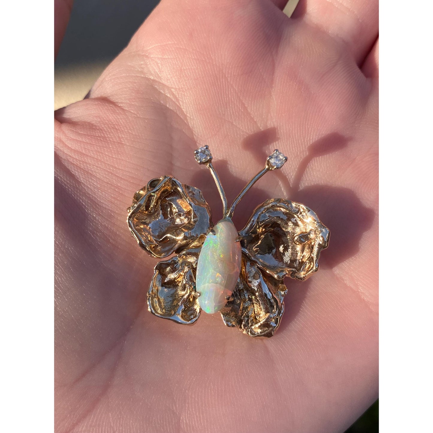 Vintage Solid 14k Yellow Gold Diamond Opal Butterfly Slide Charm