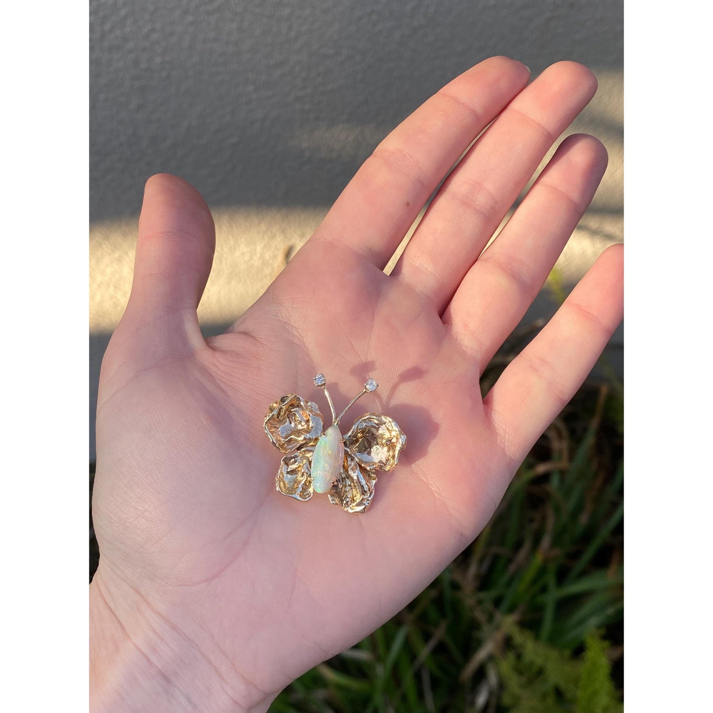 Vintage Solid 14k Yellow Gold Diamond Opal Butterfly Slide Charm