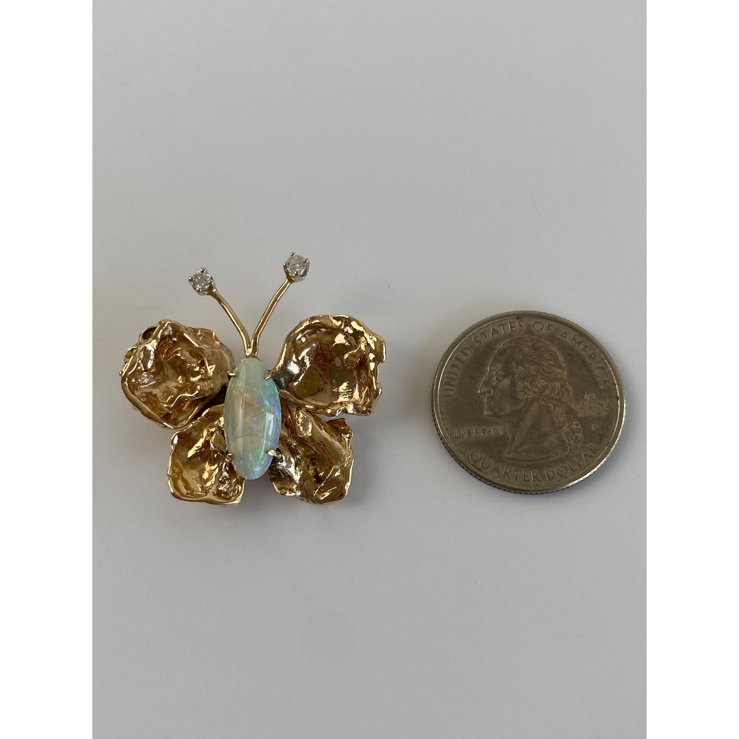 Vintage Solid 14k Yellow Gold Diamond Opal Butterfly Slide Charm