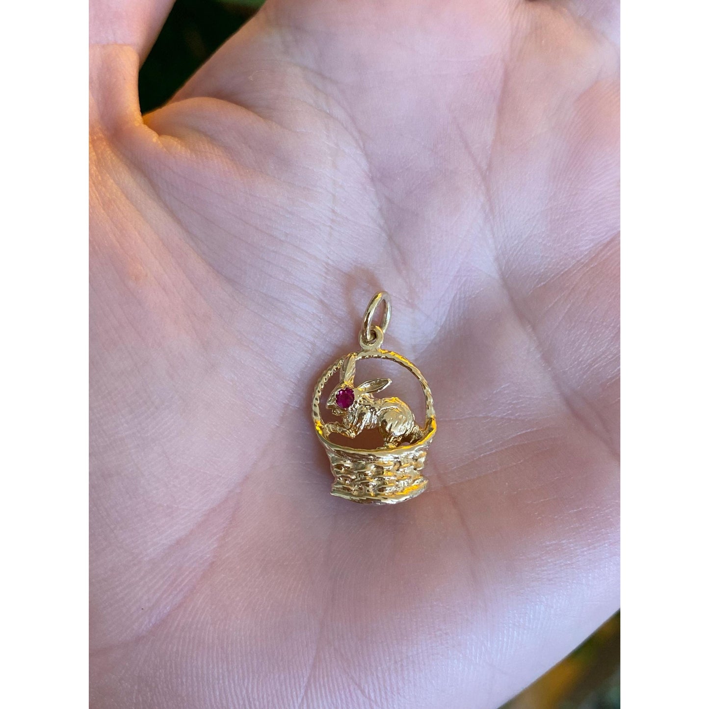 Vintage Solid 14k Yellow Gold Pink Spinel Rabbit Basket Charm