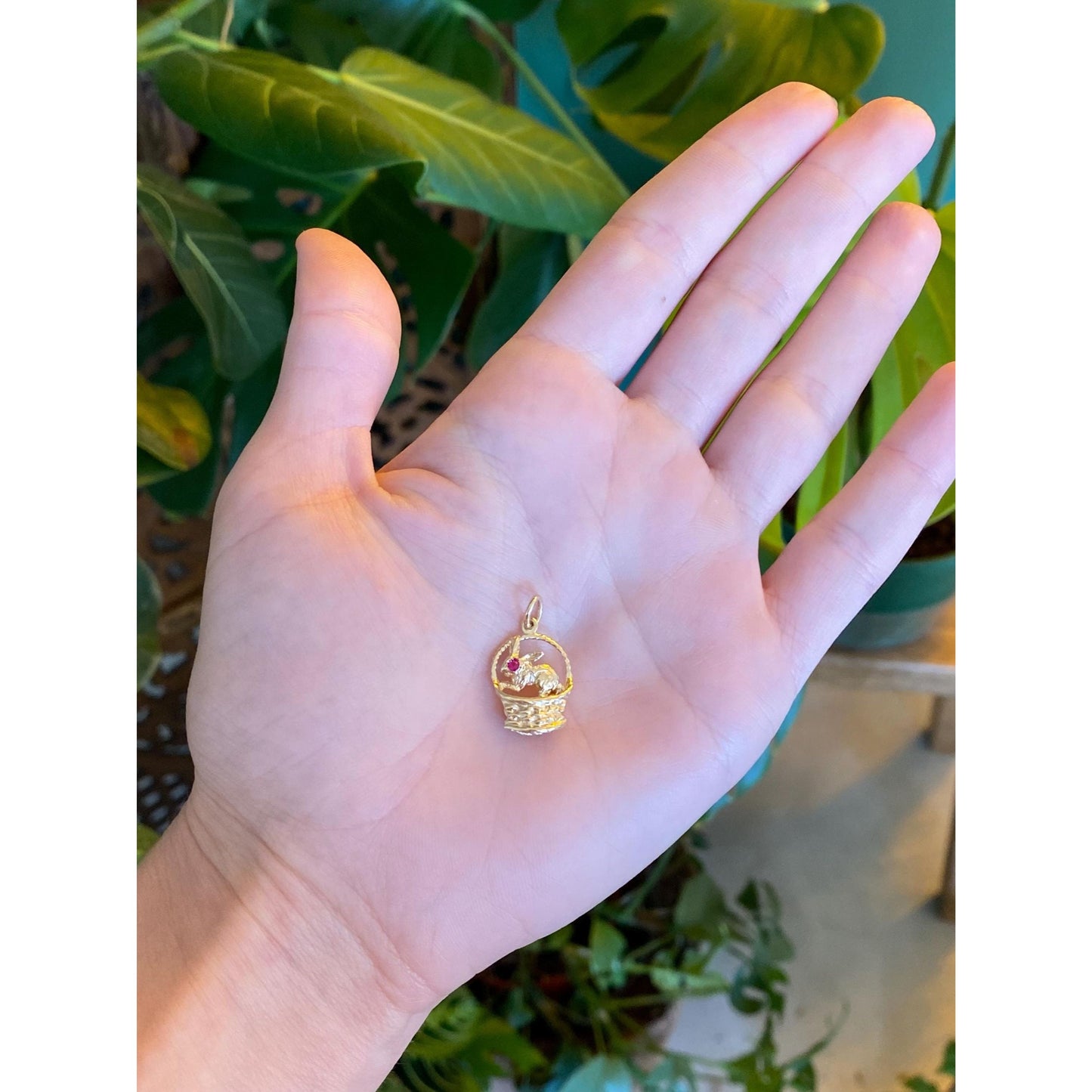 Vintage Solid 14k Yellow Gold Pink Spinel Rabbit Basket Charm