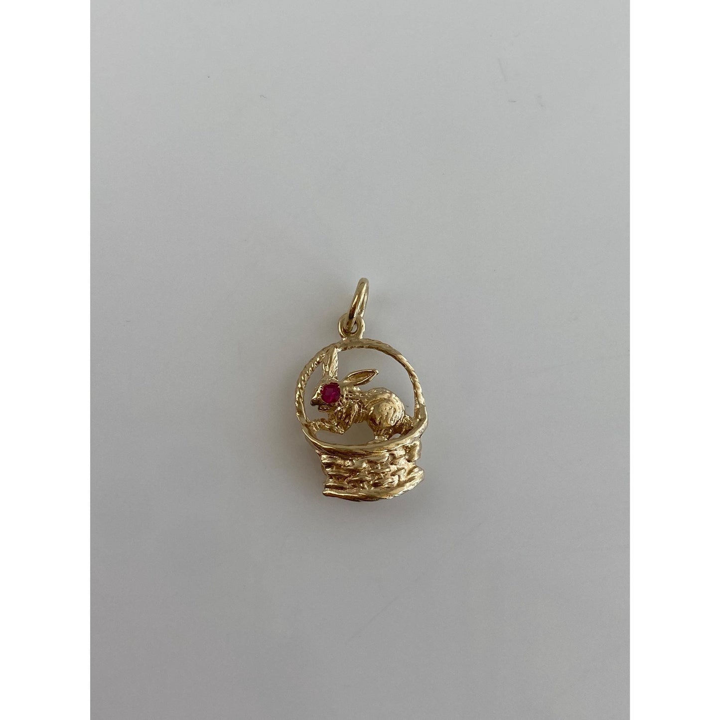 Vintage Solid 14k Yellow Gold Pink Spinel Rabbit Basket Charm