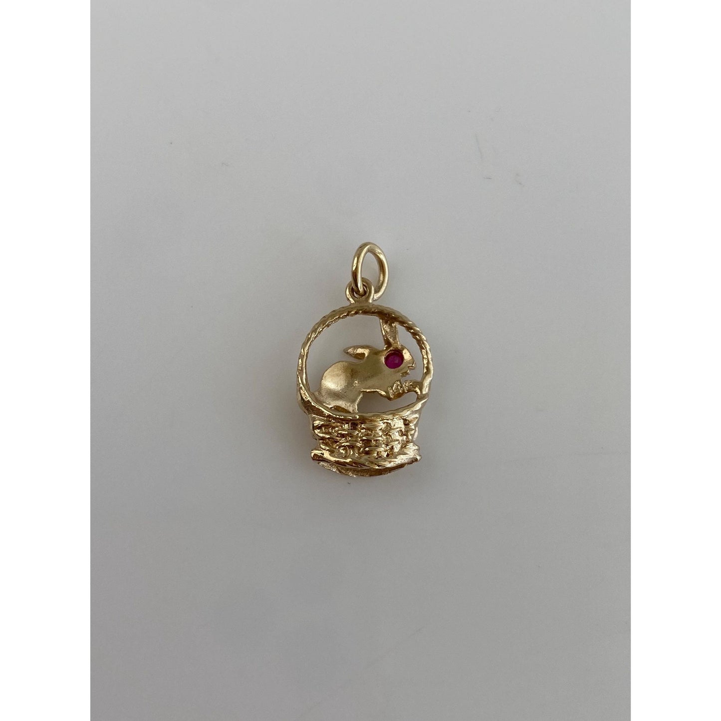 Vintage Solid 14k Yellow Gold Pink Spinel Rabbit Basket Charm