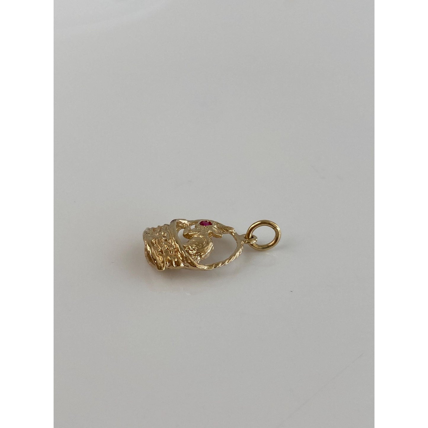 Vintage Solid 14k Yellow Gold Pink Spinel Rabbit Basket Charm