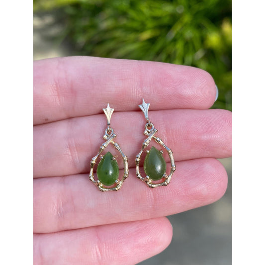 Vintage Solid 14k Yellow Gold Nephrite Bamboo Dangle Stud Earrings