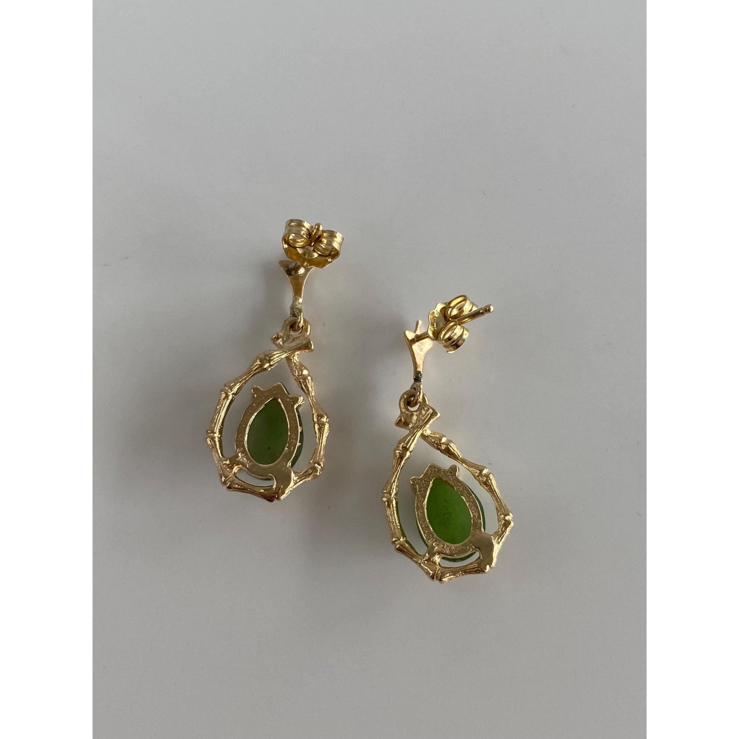 Vintage Solid 14k Yellow Gold Nephrite Bamboo Dangle Stud Earrings