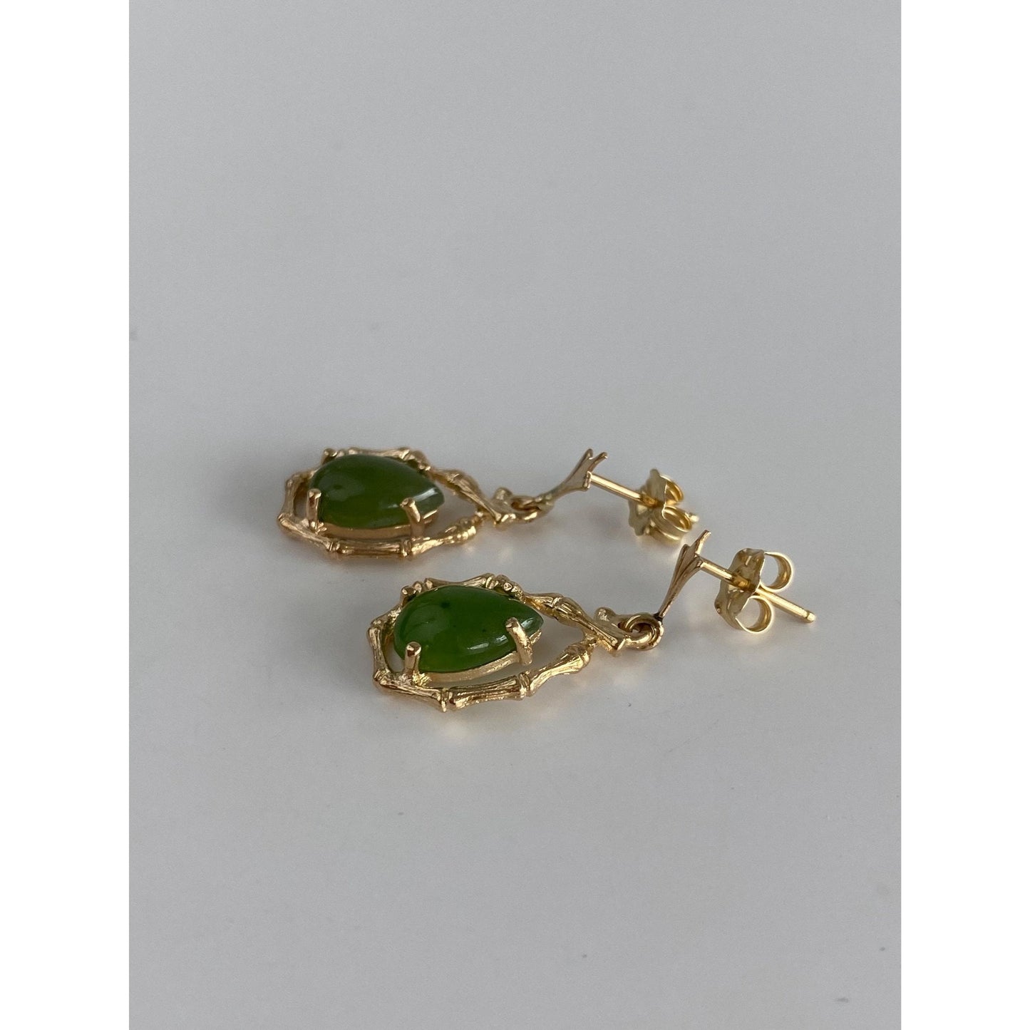 Vintage Solid 14k Yellow Gold Nephrite Bamboo Dangle Stud Earrings