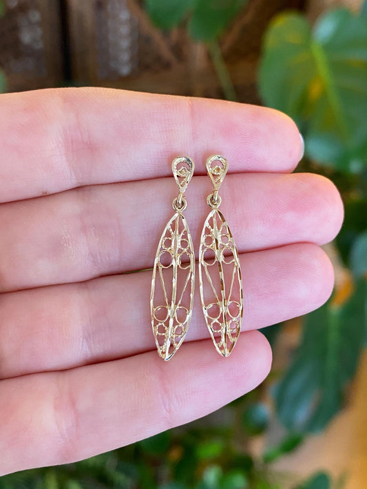 Vintage Solid 14k Yellow Gold Diamond Cut Filigree Dangle Stud Earrings